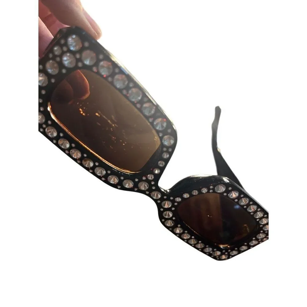 GUCCI black rectangle Diamond Cut Embellished Interlocking Gold G Sunglasses Vtg